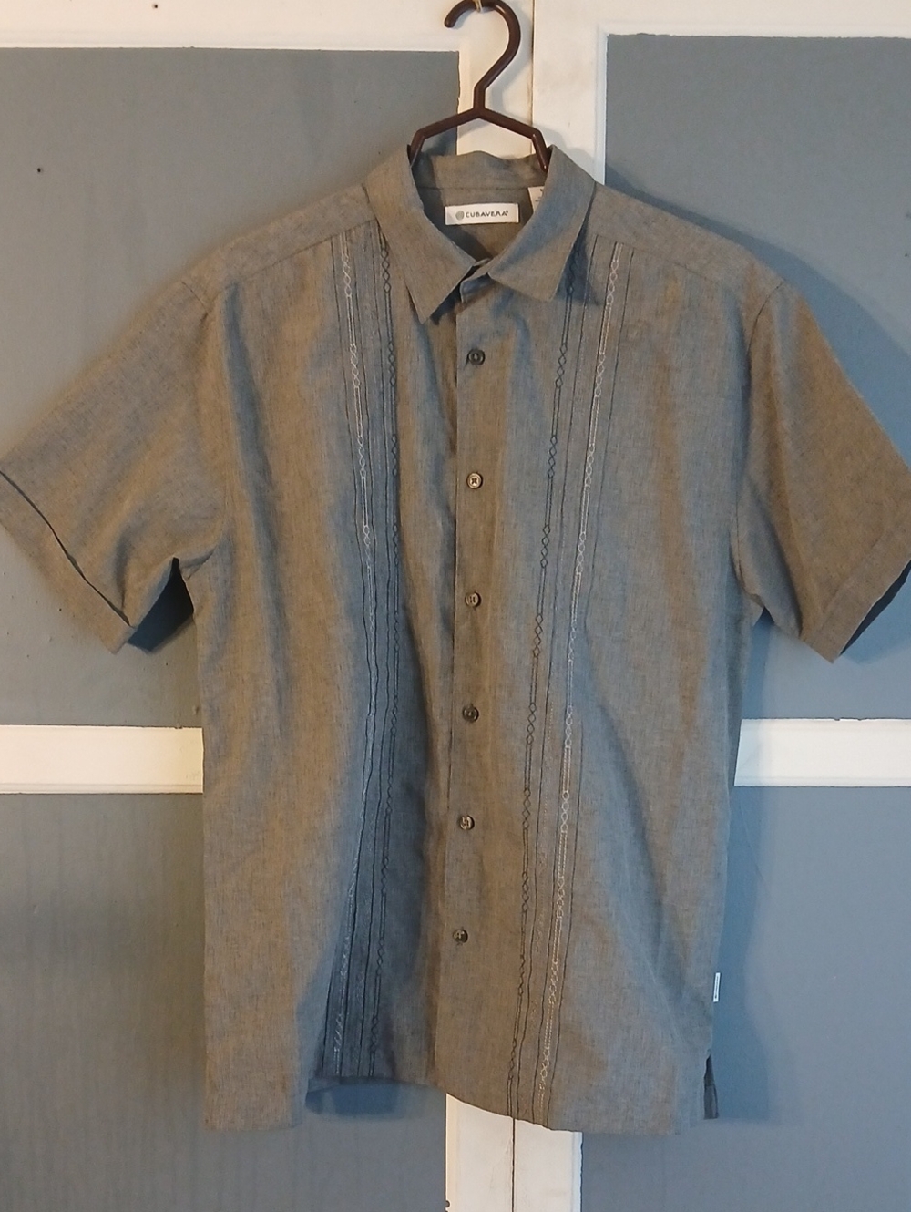 Cubavera Men's Short Sleeve Button-Up Shirt — Gray with Embroidered Panels